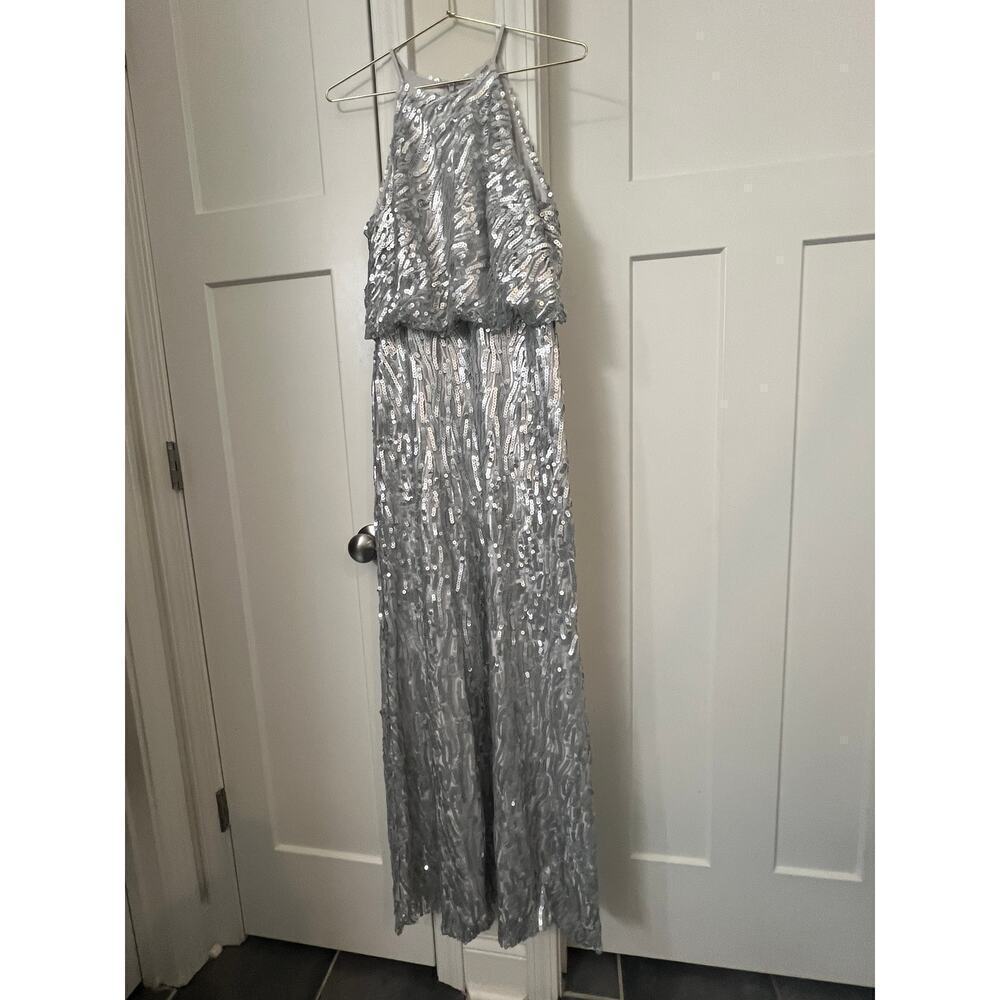 DONNA MORGAN serenity COLLECTION silver SEQUINED SHIMMER GOWN WOMENS 2 - Picture 10 of 11